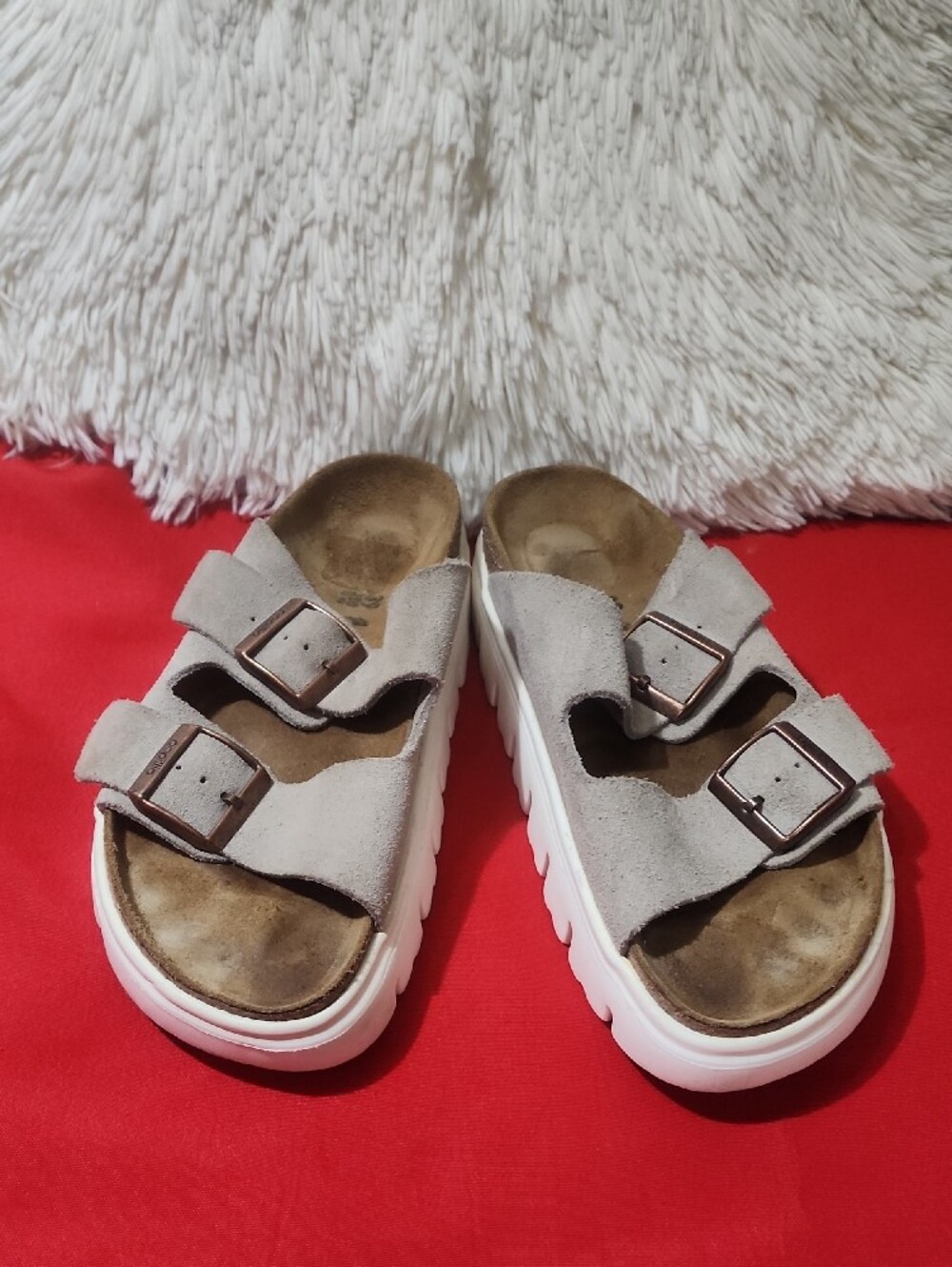 Papillio Light Gray Suede Slide Sandals with White Platform